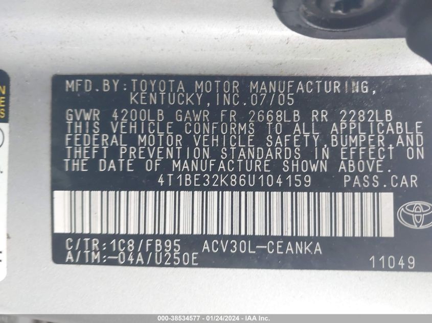 4T1BE32K86U104159 2006 Toyota Camry Le