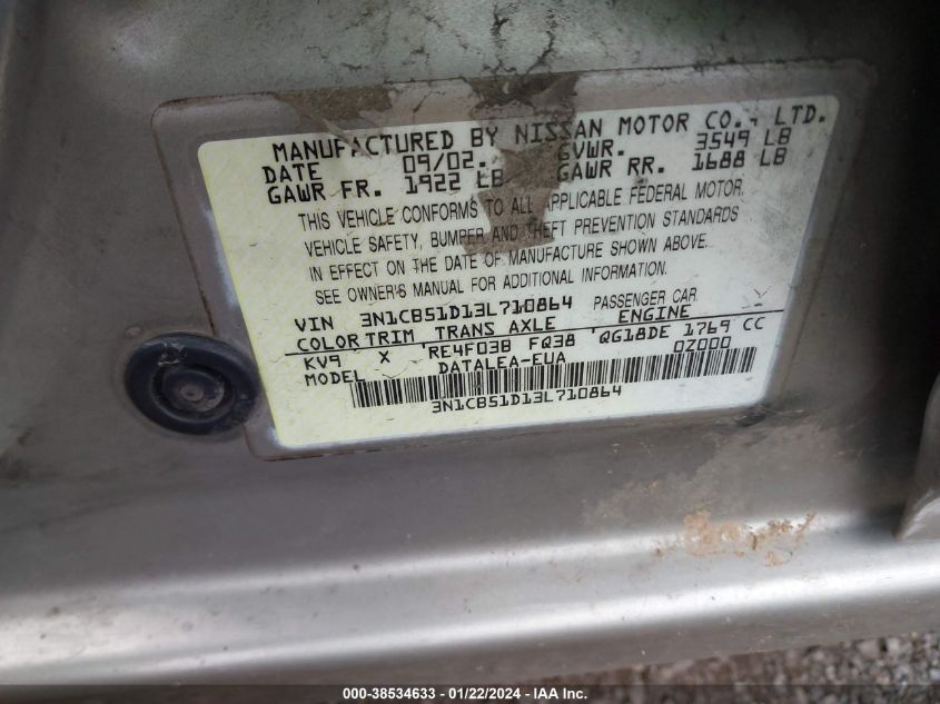 2003 Nissan Sentra Gxe VIN: 3N1CB51D13L710864 Lot: 38534633