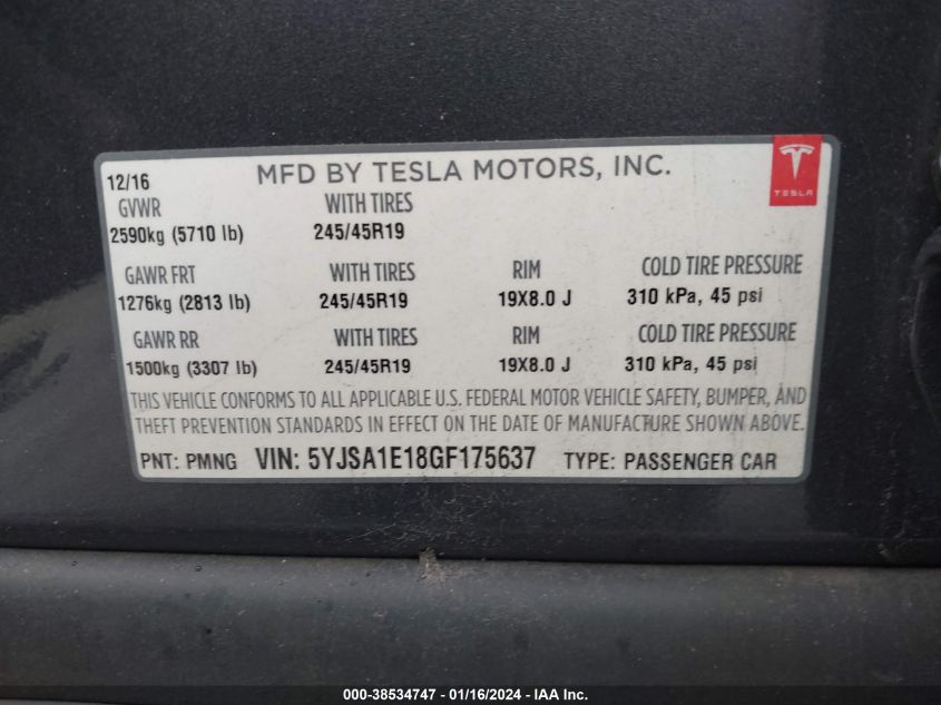 5YJSA1E18GF175637 2016 Tesla Model S 60/70/75/85