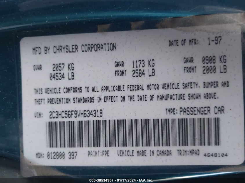 1997 Chrysler Lhs VIN: 2C3HC56F9VH634319 Lot: 38534957