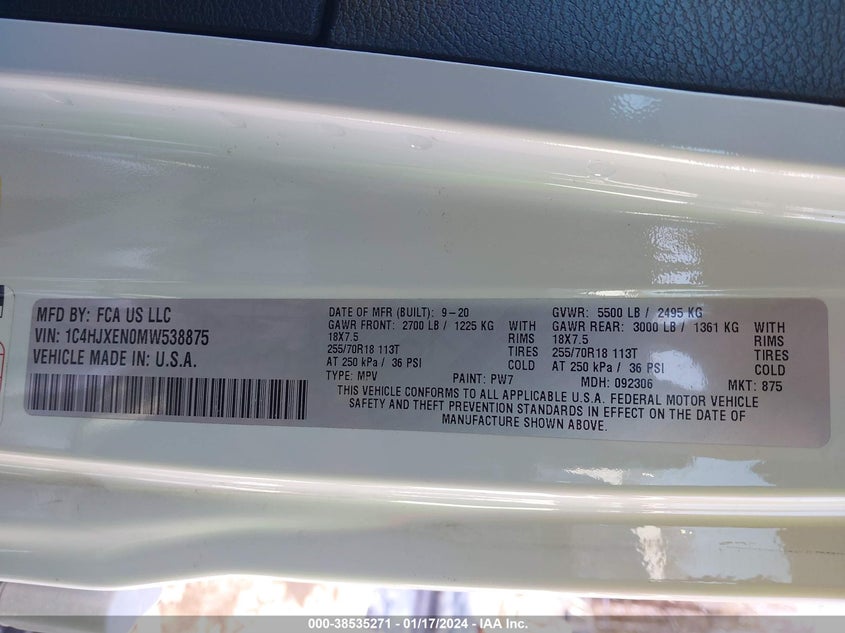 2021 JEEP WRANGLER UNLIMITED VIN: 1C4HJXEN0MW538875