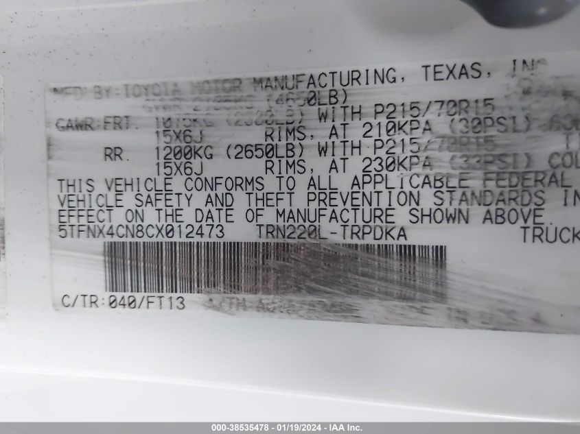 5TFNX4CN8CX012473 2012 Toyota Tacoma