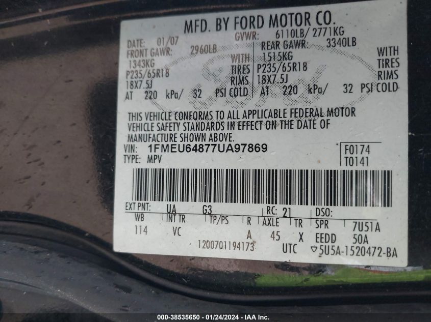 1FMEU64877UA97869 2007 Ford Explorer Eddie Bauer