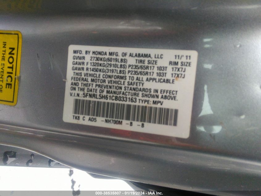 2012 Honda Odyssey Ex-L VIN: 5FNRL5H61CB033163 Lot: 38535807