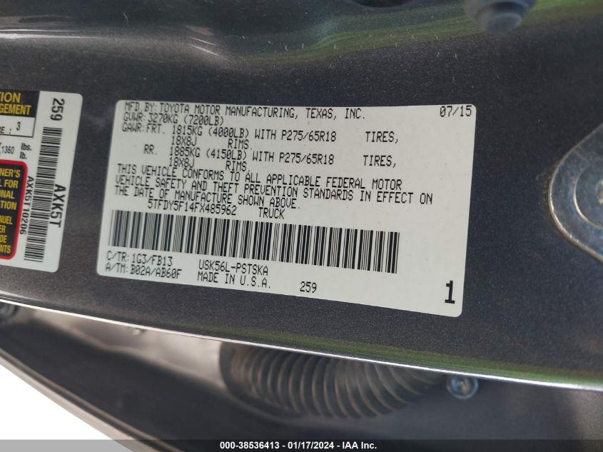2015 Toyota Tundra Sr5 5.7L V8 VIN: 5TFDY5F14FX485962 Lot: 38536413