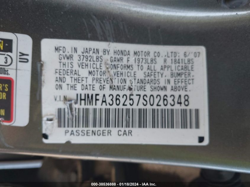 JHMFA36257S026348 2007 Honda Civic Hybrid