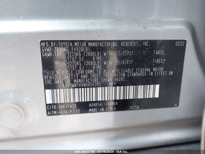 4T3RWRFV4NU054305 2022 Toyota Rav4 Xle Hybrid