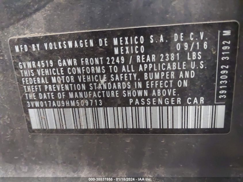2017 VOLKSWAGEN GOLF SPORTWAGEN TSI S - 3VW017AU9HM509713