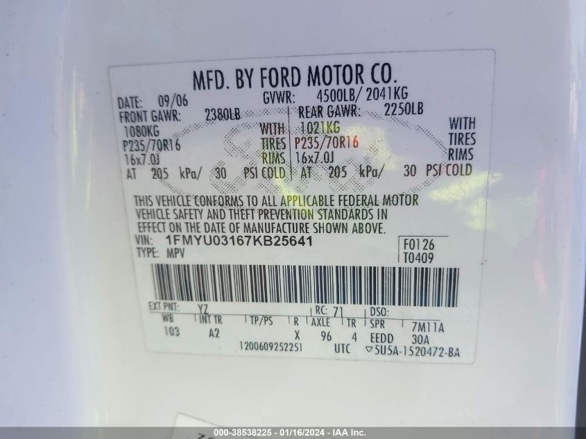 1FMYU03167KB25641 2007 Ford Escape Xlt/Xlt Sport