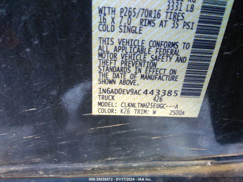 2010 Nissan Frontier Se VIN: 1N6AD0EV9AC443385 Lot: 38538572