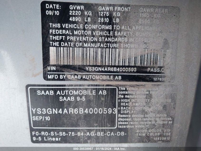 YS3GN4AR6B4000593 2011 Saab 9-5 Turbo4