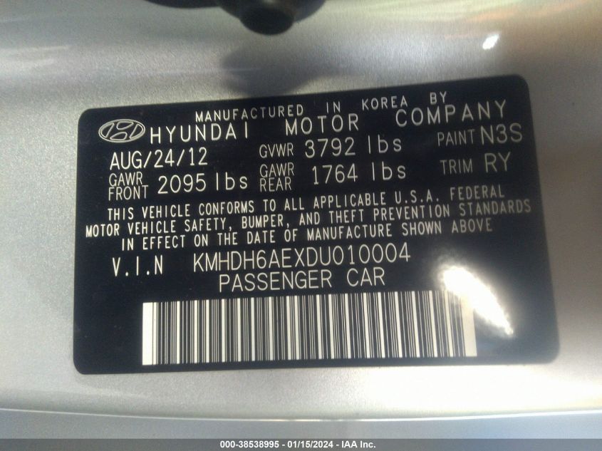 2013 Hyundai Elantra Gs VIN: KMHDH6AEXDU010004 Lot: 38538995