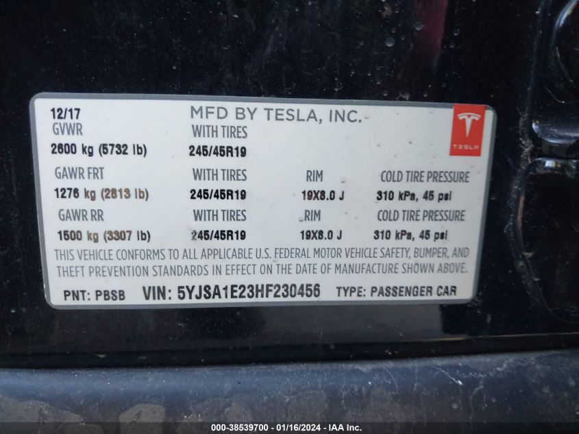 5YJSA1E23HF230456 2017 Tesla Model S 100D/60D/75D/90D/P100D