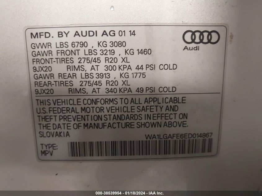 WA1LGAFE6ED014867 2014 Audi Q7 3.0T Premium