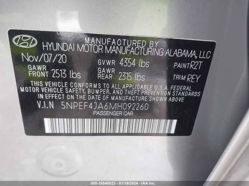 5NPEF4JA6MH092260 2021 Hyundai Sonata Sel