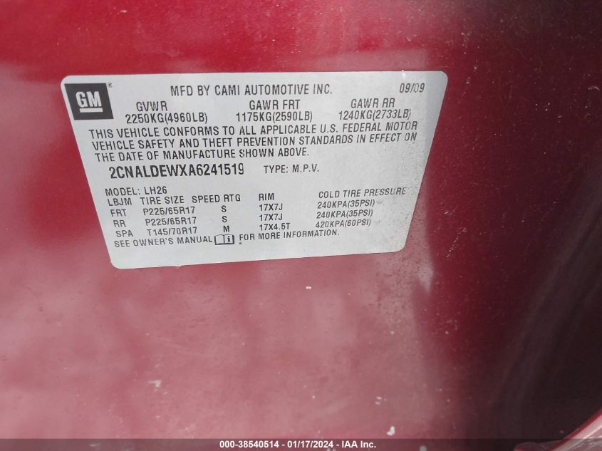 2CNALDEWXA6241519 2010 Chevrolet Equinox Lt