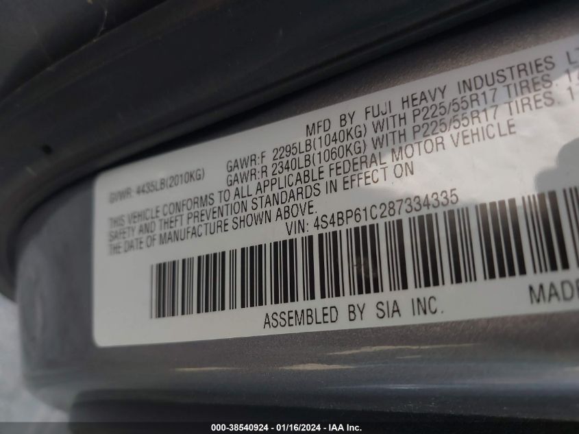 2008 Subaru Outback 2.5I/2.5I L.l. Bean Edition VIN: 4S4BP61C287334335 Lot: 38540924