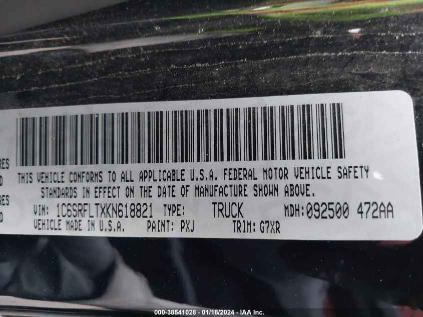 2019 Ram 1500 Rebel 4X4 5'7 Box VIN: 1C6SRFLTXKN618821 Lot: 38541028