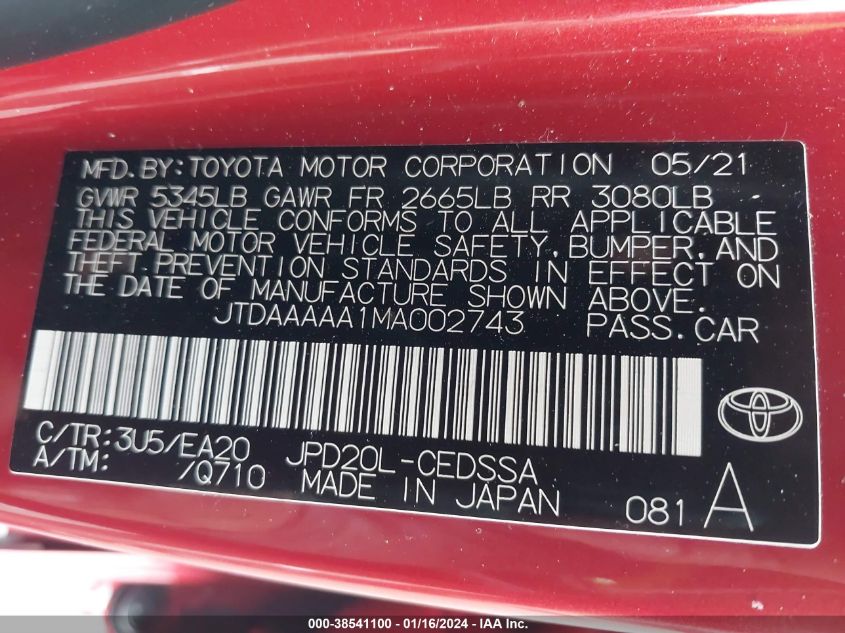 2021 Toyota Mirai Xle VIN: JTDAAAAA1MA002743 Lot: 38541100