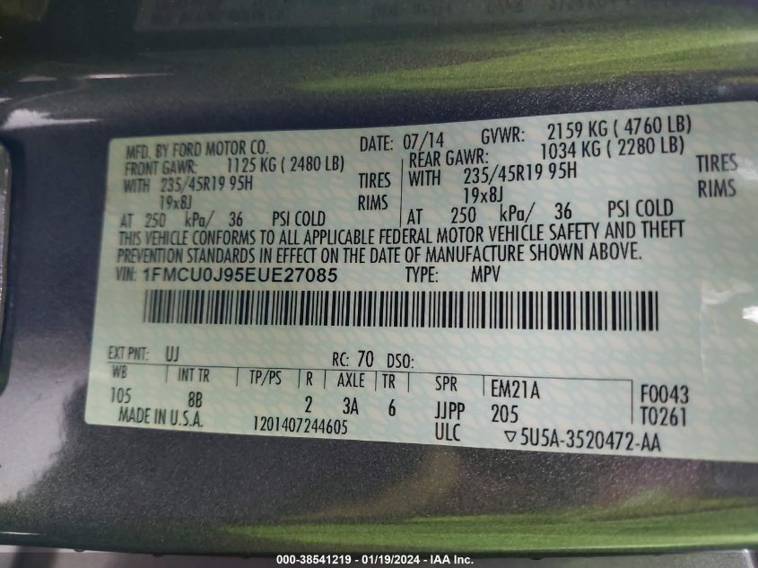 1FMCU0J95EUE27085 2014 Ford Escape Titanium