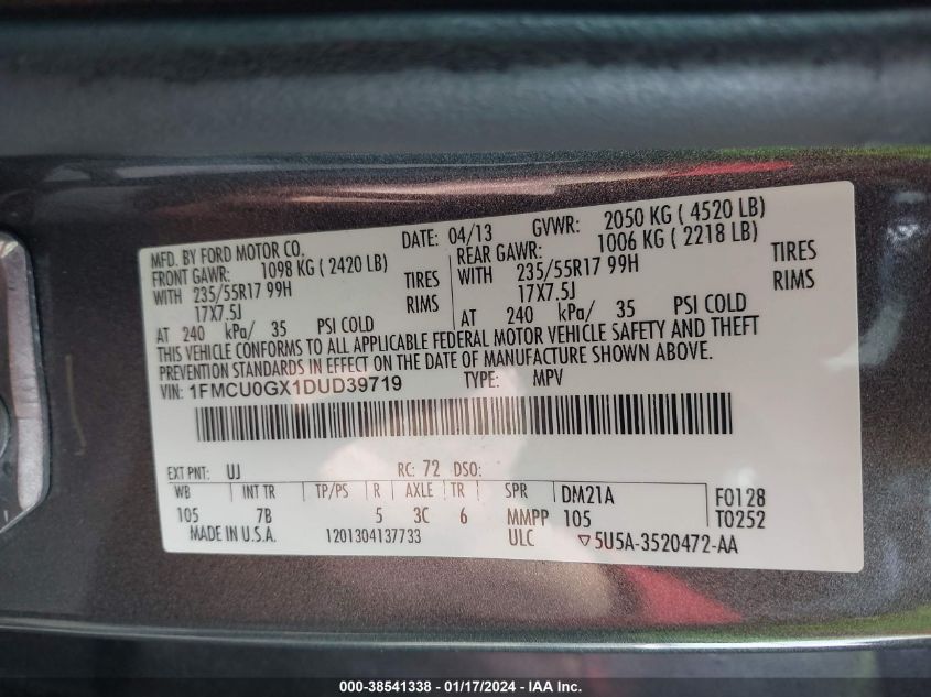 1FMCU0GX1DUD39719 2013 Ford Escape Se