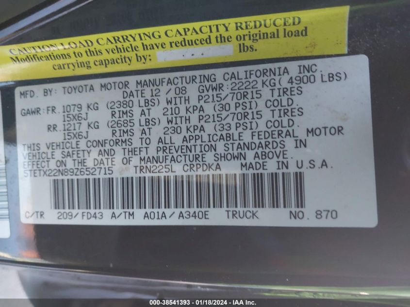 5TETX22N89Z652715 2009 Toyota Tacoma