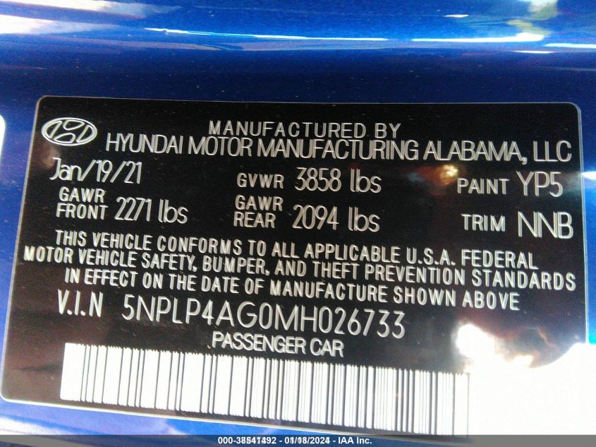 2021 Hyundai Elantra Limited VIN: 5NPLP4AG0MH026733 Lot: 38541492