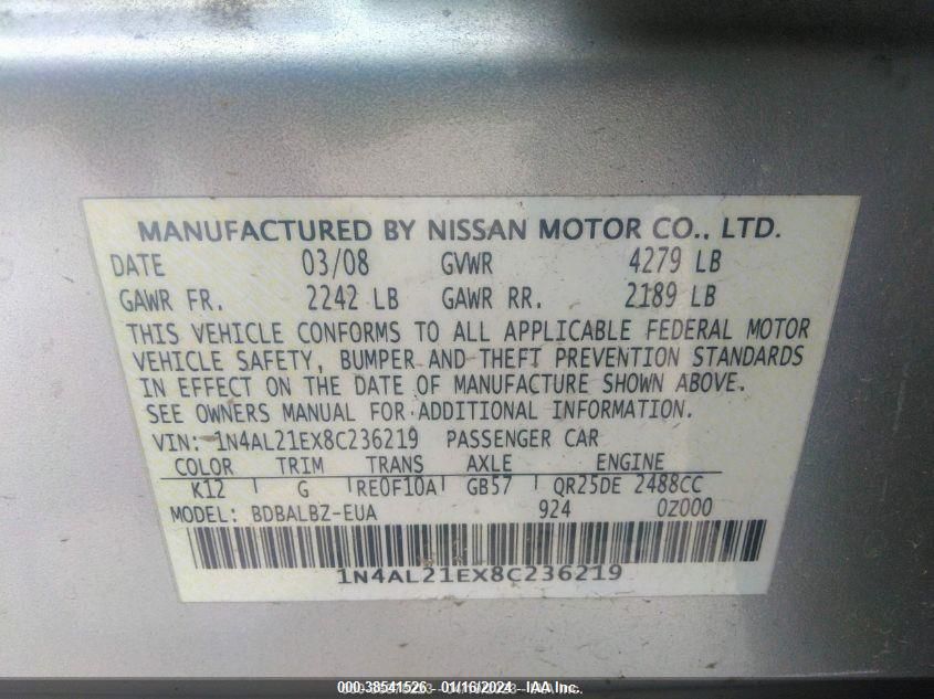 1N4AL21EX8C236219 2008 Nissan Altima 2.5 S