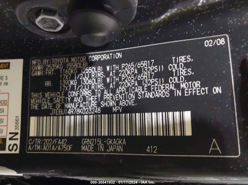 JTEBU14R78K023248 2008 Toyota 4Runner Sr5 V6