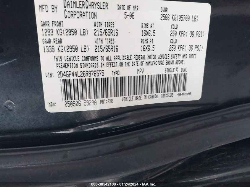 2006 Dodge Grand Caravan Sxt VIN: 2D4GP44L26R876575 Lot: 38542100