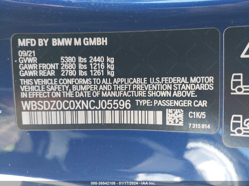 2022 BMW M8 Competition VIN: WBSDZ0C0XNCJ05596 Lot: 38542108