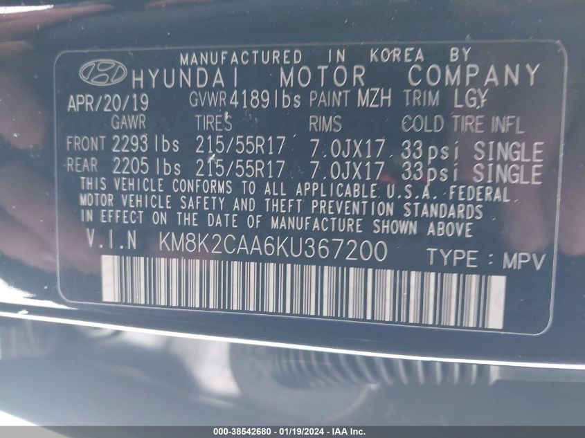 2019 Hyundai Kona Sel VIN: KM8K2CAA6KU367200 Lot: 38542680