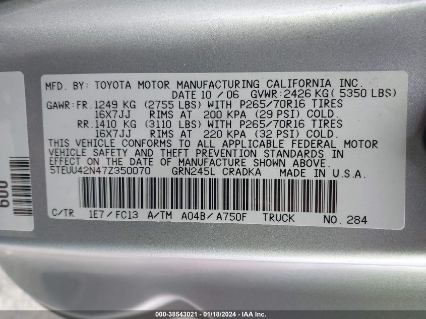 2007 Toyota Tacoma Base V6 VIN: 5TEUU42N47Z350070 Lot: 38543021