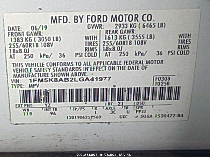 1FM5K8AB2LGA41977 2020 Ford Police Interceptor Utility