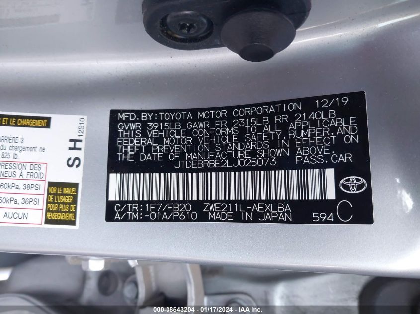 JTDEBRBE2LJ025073 2020 Toyota Corolla Hybrid Le