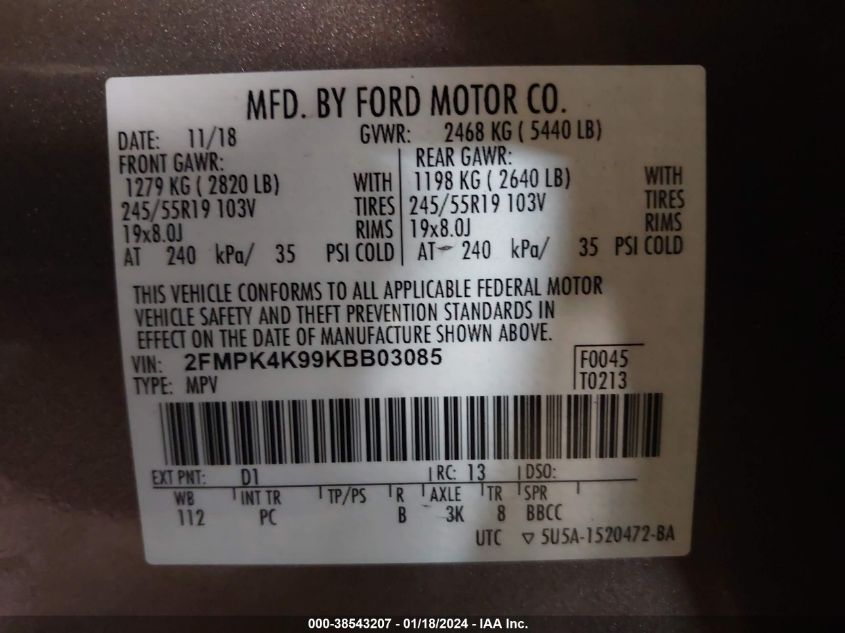 2FMPK4K99KBB03085 2019 Ford Edge Titanium