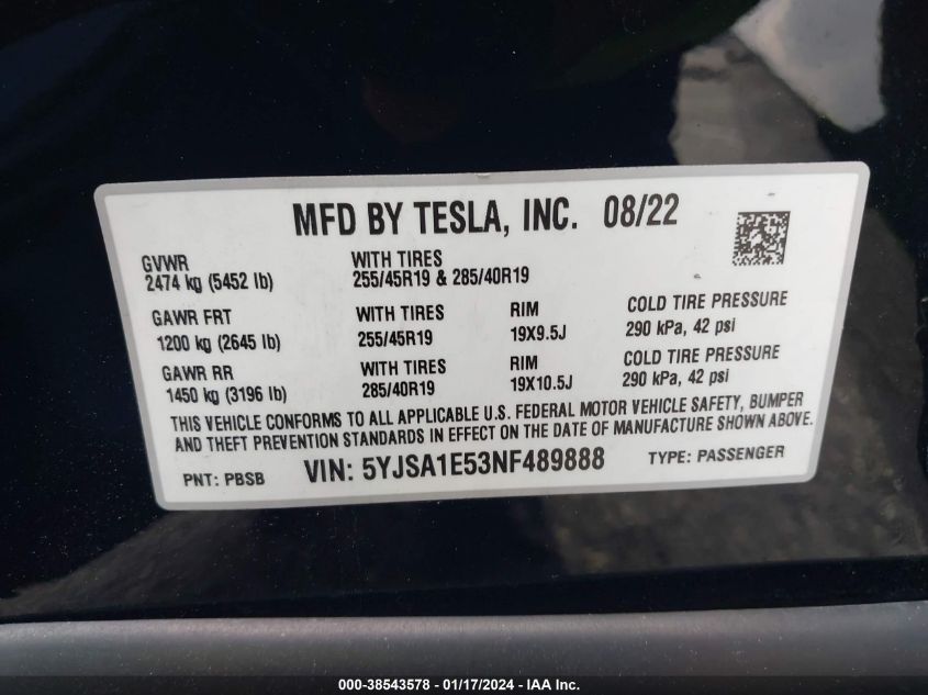 2022 Tesla Model S Dual Motor All-Wheel Drive VIN: 5YJSA1E53NF489888 Lot: 38543578