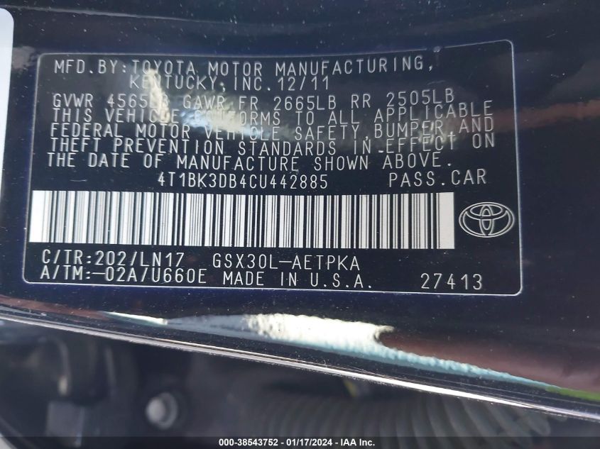 4T1BK3DB4CU442885 2012 Toyota Avalon Limited