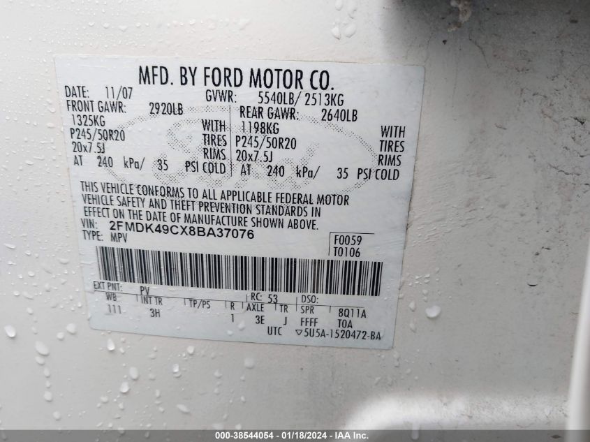 2FMDK49CX8BA37076 2008 Ford Edge Limited