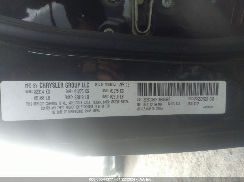 2012 Dodge Charger Se VIN: 2C3CDXBG4CH260362 Lot: 38544377