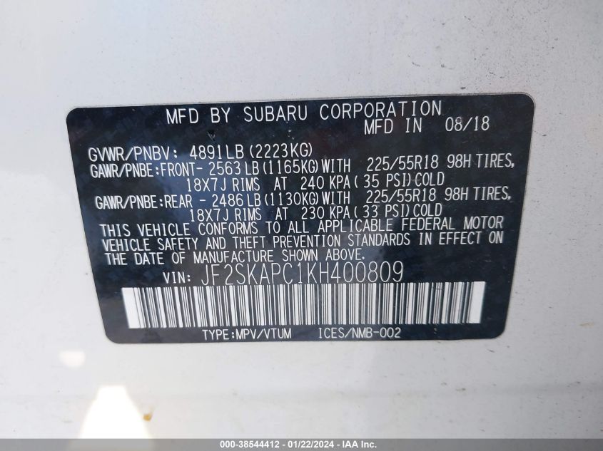 2019 Subaru Forester Sport VIN: JF2SKAPC1KH400809 Lot: 38544412