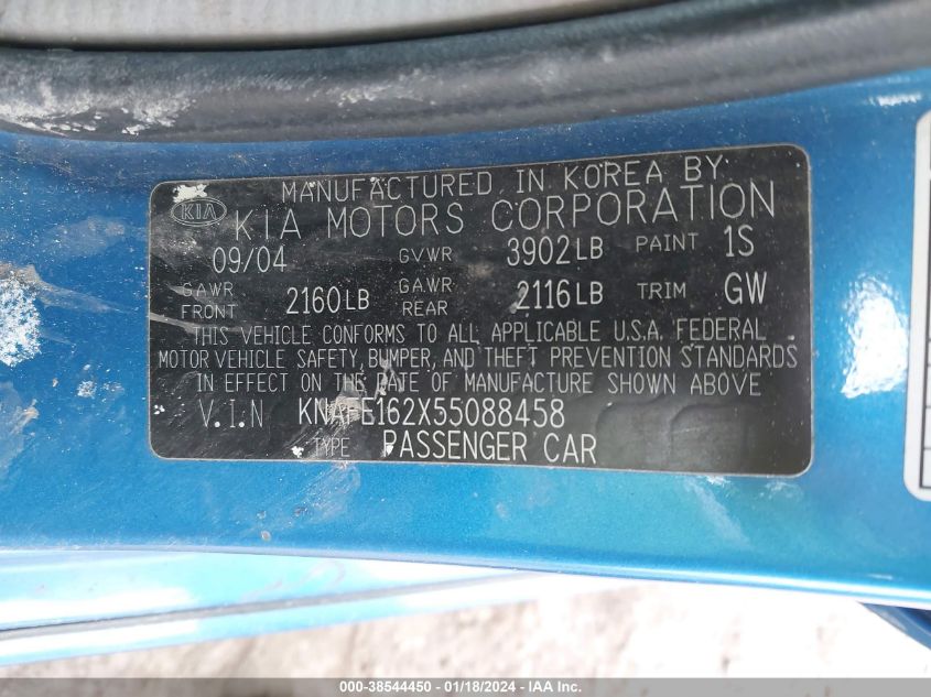 2005 Kia Spectra5 VIN: KNAFE162X55088458 Lot: 38544450