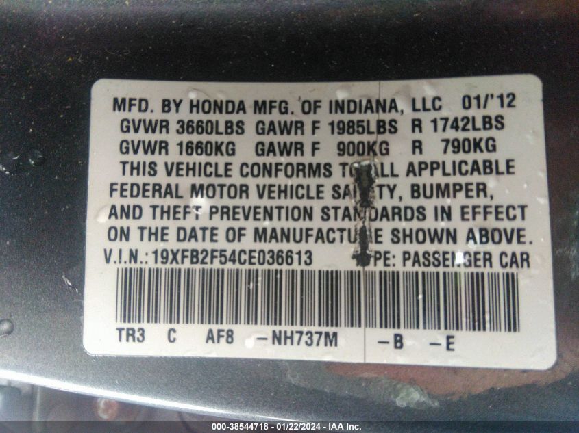 2012 Honda Civic Lx VIN: 19XFB2F54CE036613 Lot: 38544718