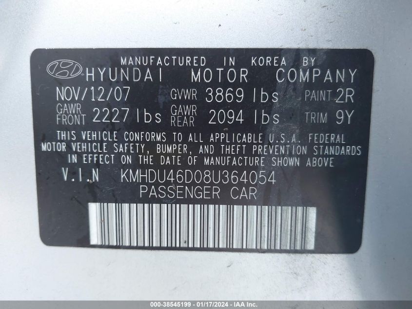 KMHDU46D08U364054 2008 Hyundai Elantra Gls/Se