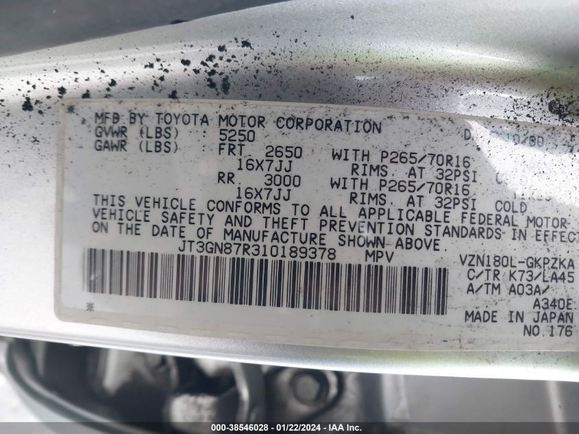 JT3GN87R310189378 2001 Toyota 4Runner Limited