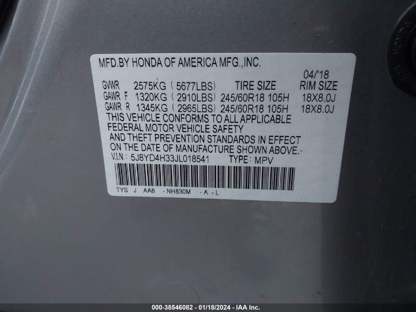 5J8YD4H33JL018541 2018 Acura Mdx 3.5L (A9)