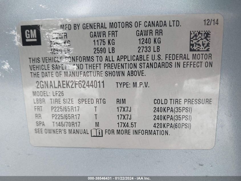 2GNALAEK2F6244011 2015 Chevrolet Equinox Ls