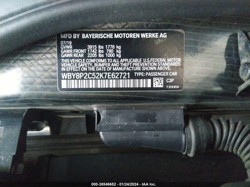 2019 BMW I3 120Ah VIN: WBY8P2C52K7E62721 Lot: 38546652