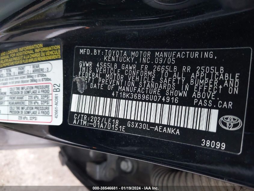 4T1BK36B96U074916 2006 Toyota Avalon Touring