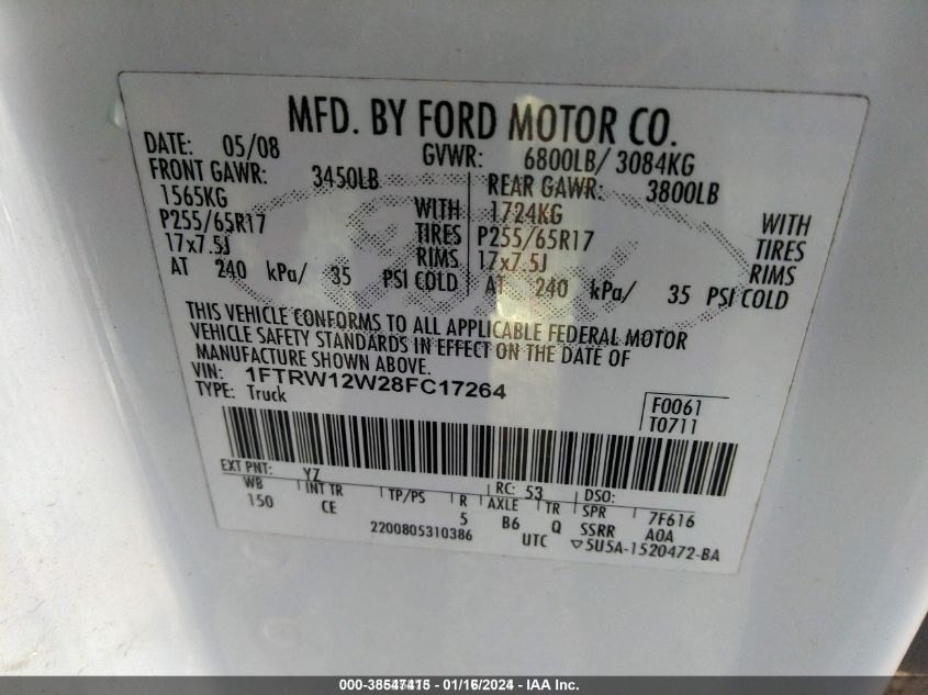 1FTRW12W28FC17264 2008 Ford F-150 Xl/Xlt